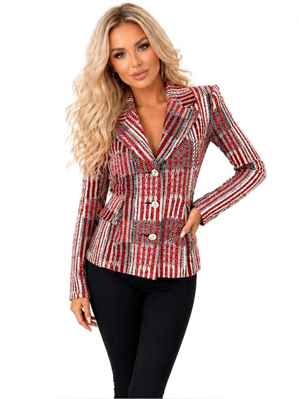 CAbi Blazer Jacket Red Black White Plaid Fitted Size Small Button Front